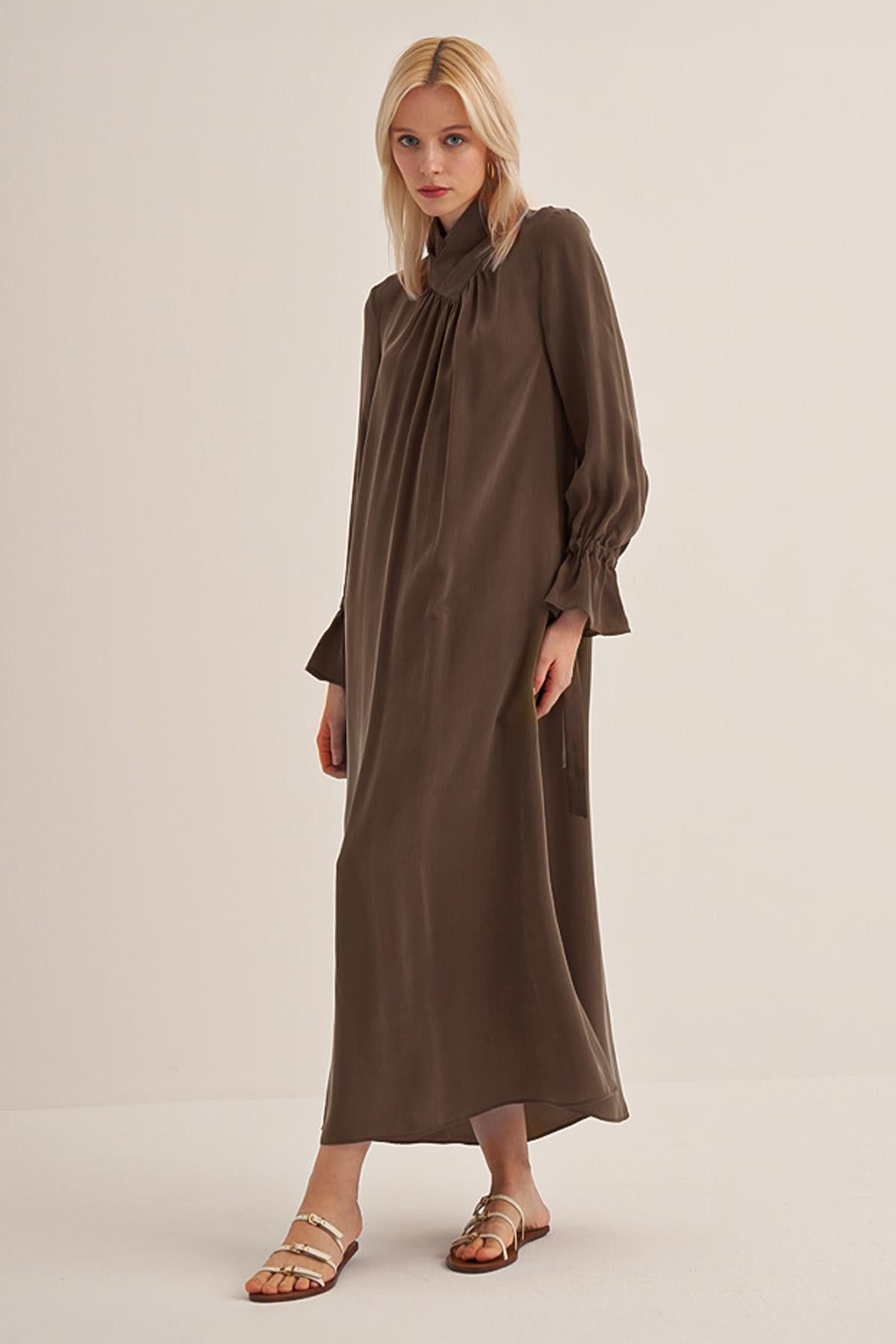 High Collar Pleated Cupro Dress