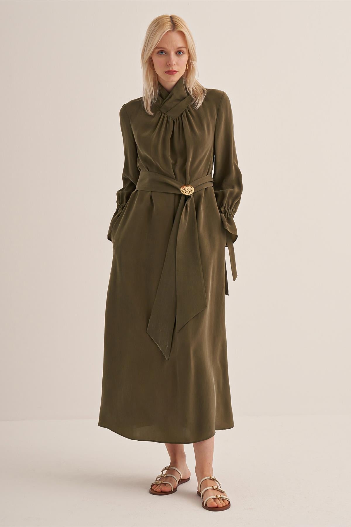 High Collar Pleated Cupro Dress