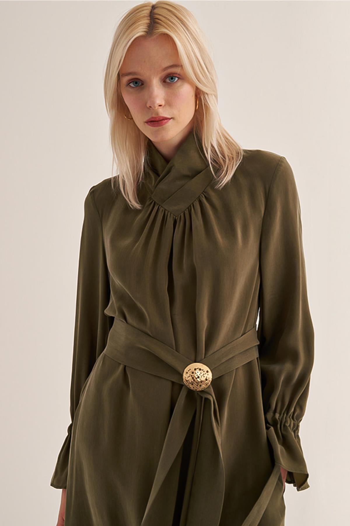 High Collar Pleated Cupro Dress