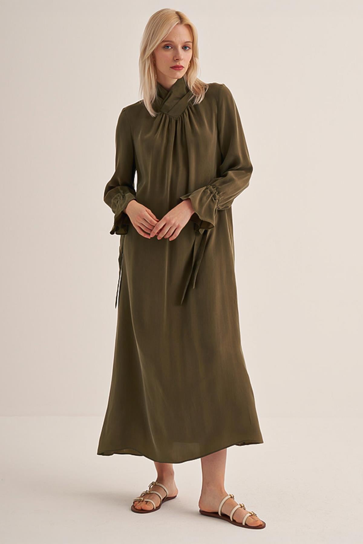 High Collar Pleated Cupro Dress