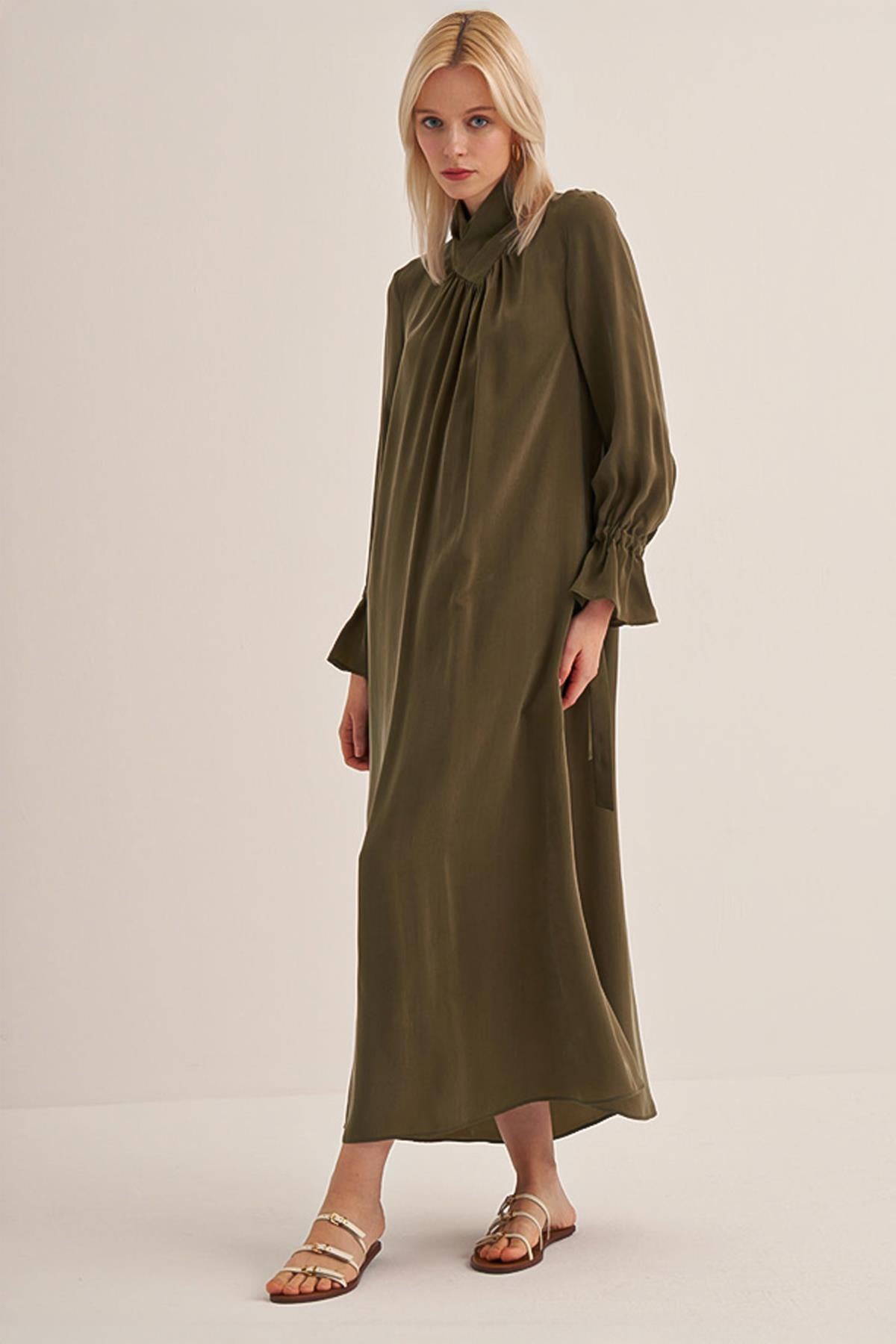High Collar Pleated Cupro Dress