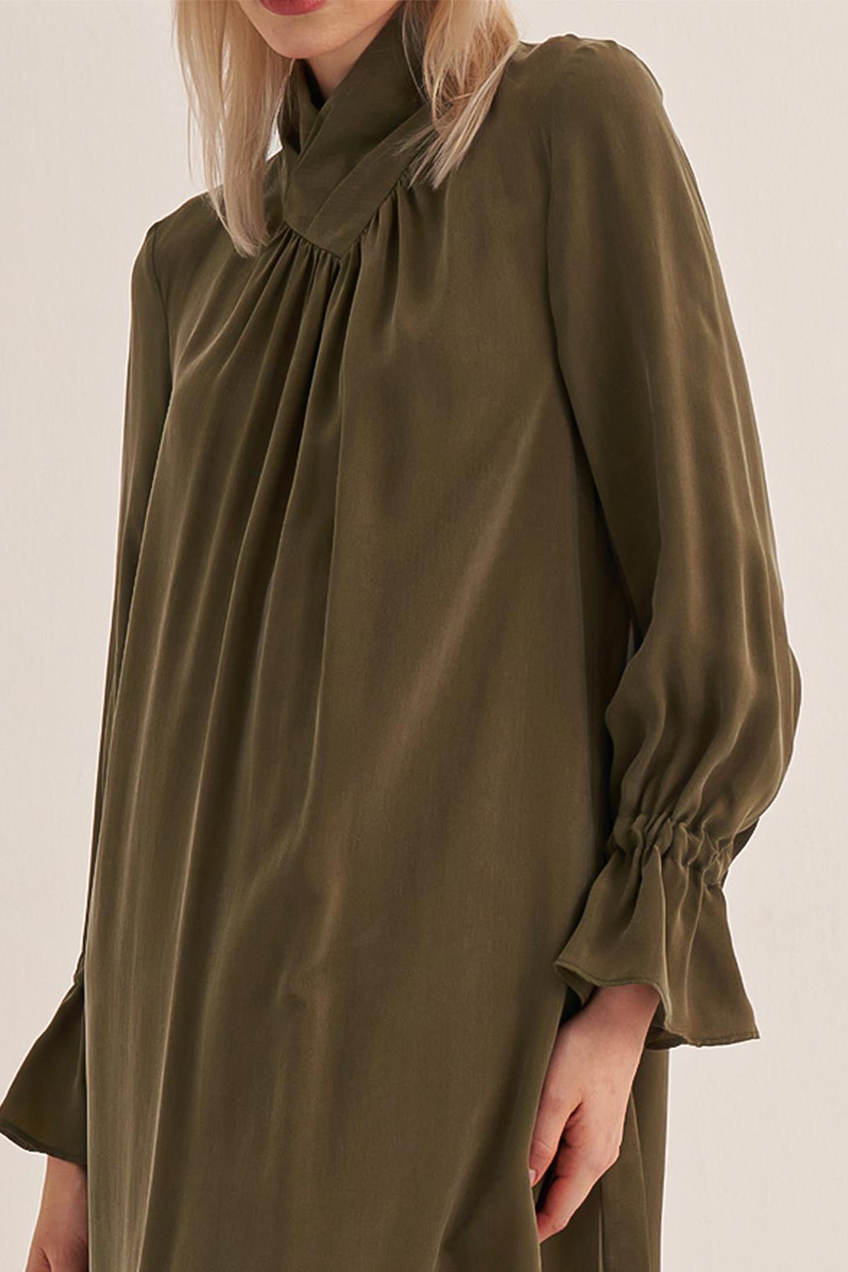 High Collar Pleated Cupro Dress