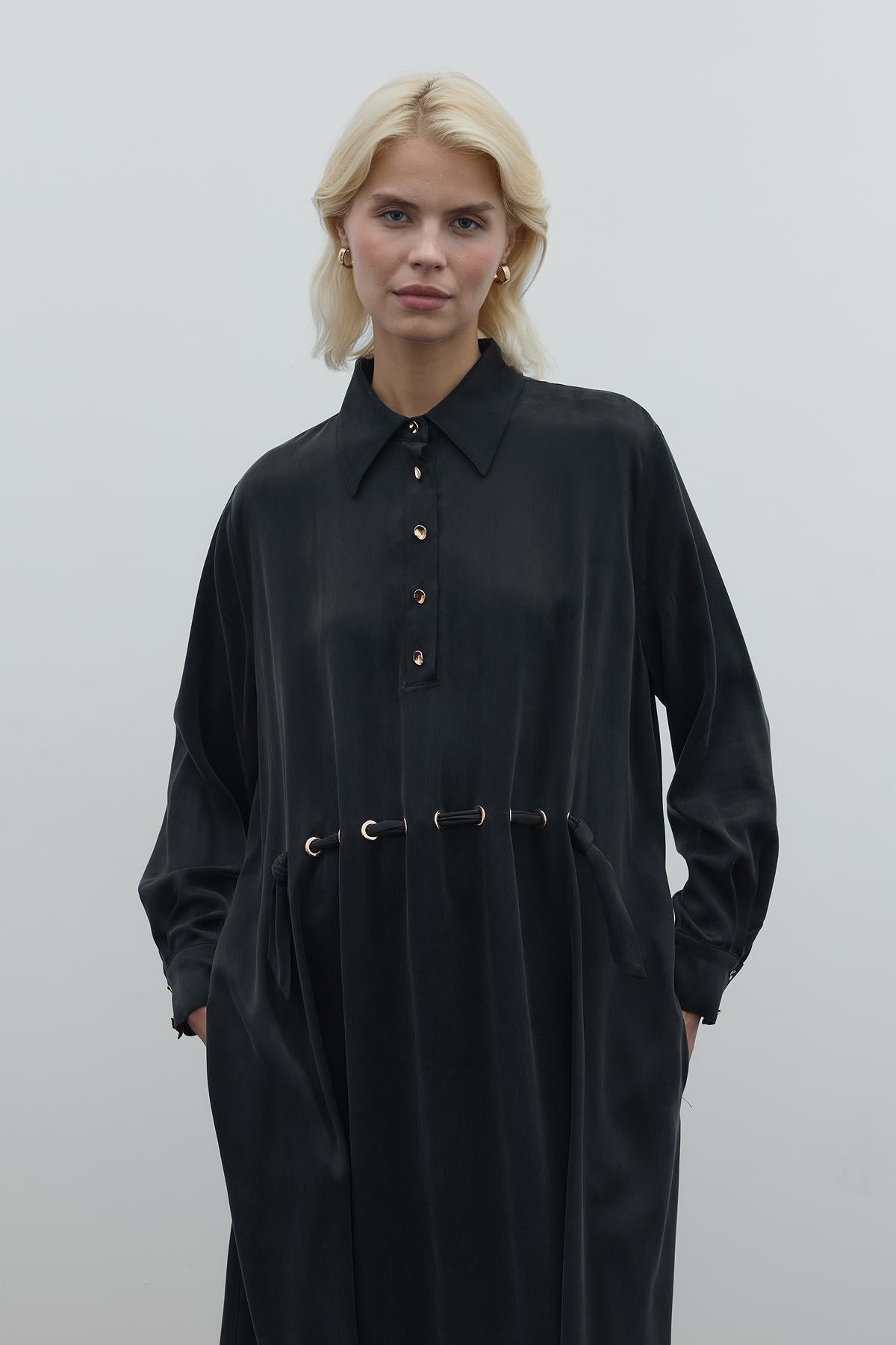 Half Buttoned Waist Drawstring Cupro Long Dress