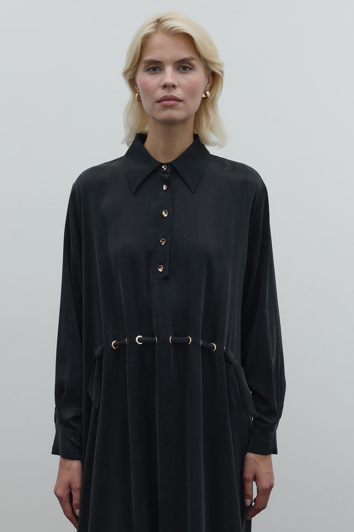 Half Buttoned Waist Drawstring Cupro Long Dress
