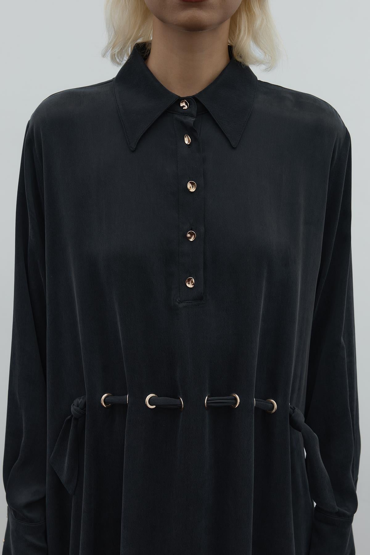 Half Buttoned Waist Drawstring Cupro Long Dress