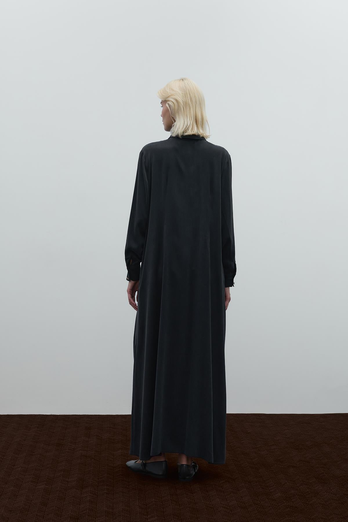 Half Buttoned Waist Drawstring Cupro Long Dress