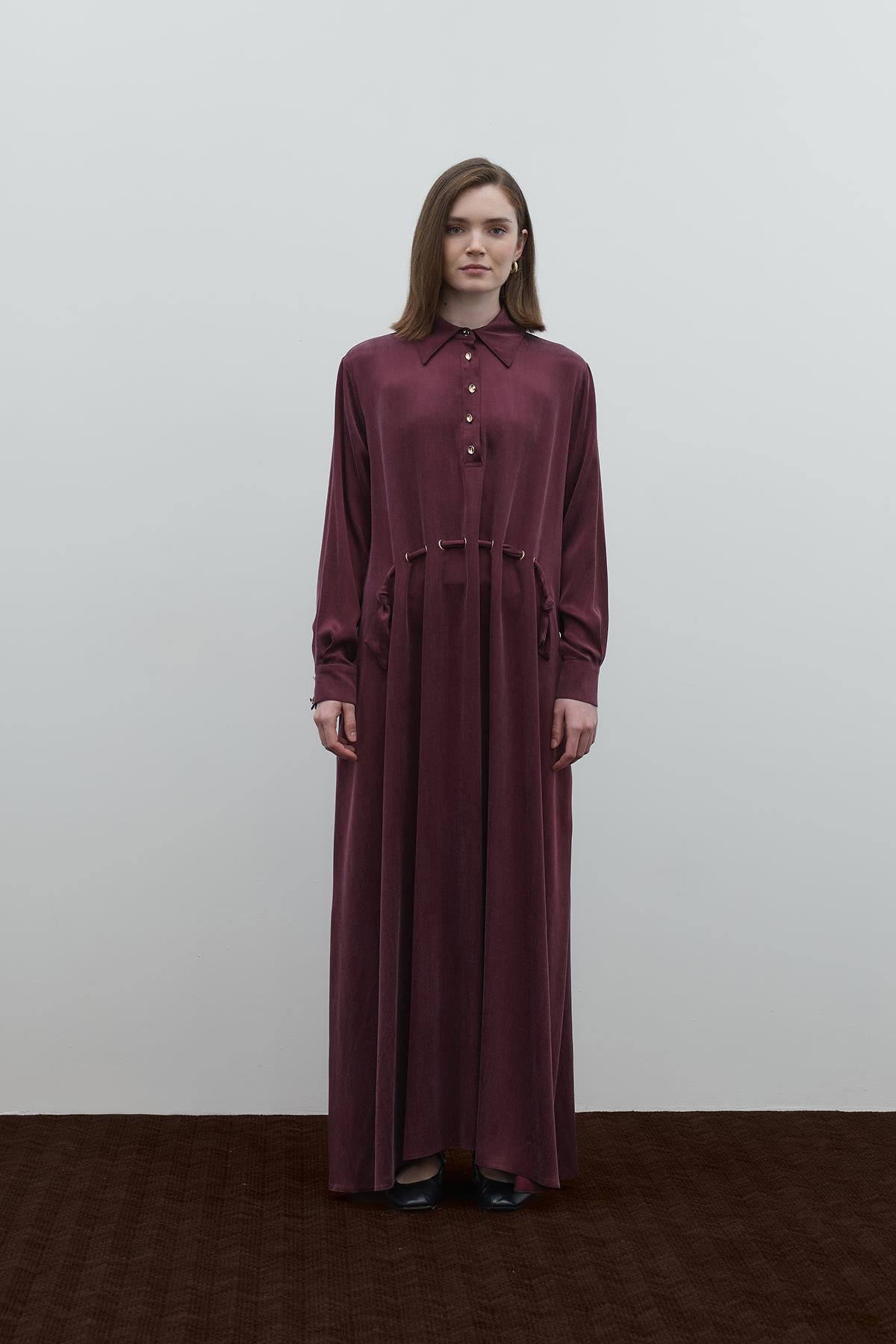 Half Buttoned Waist Drawstring Cupro Long Dress