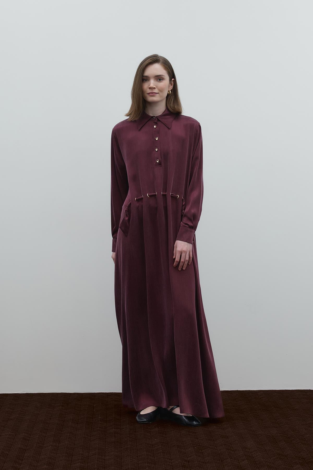 Half Buttoned Waist Drawstring Cupro Long Dress