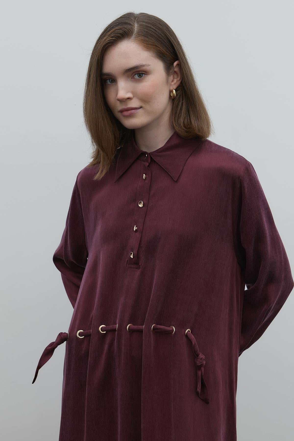 Half Buttoned Waist Drawstring Cupro Long Dress