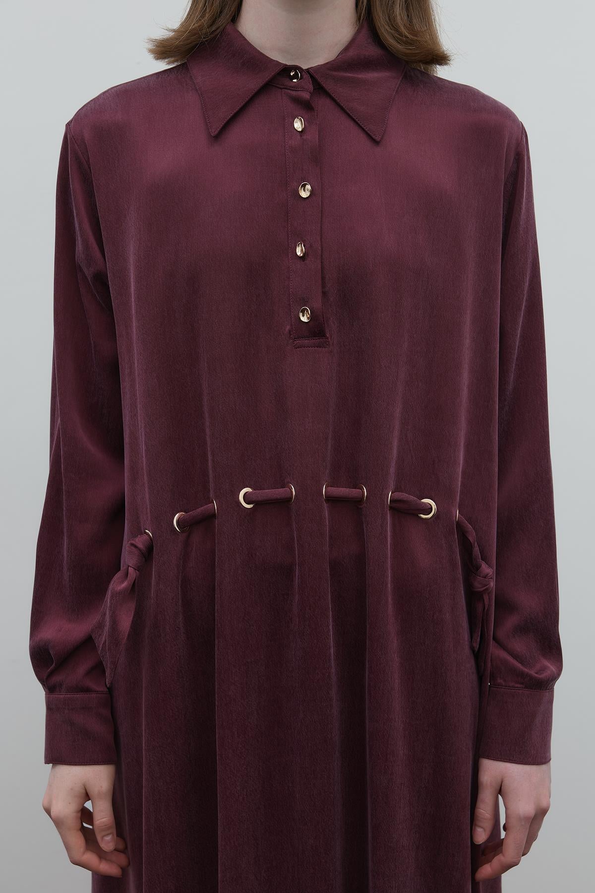 Half Buttoned Waist Drawstring Cupro Long Dress