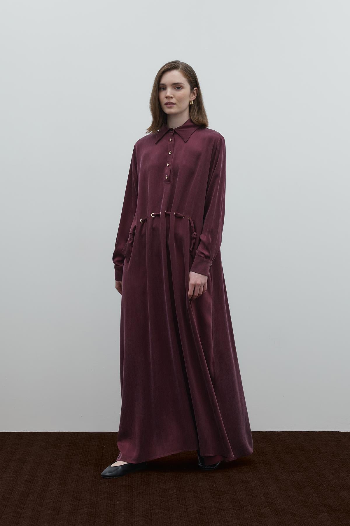 Half Buttoned Waist Drawstring Cupro Long Dress