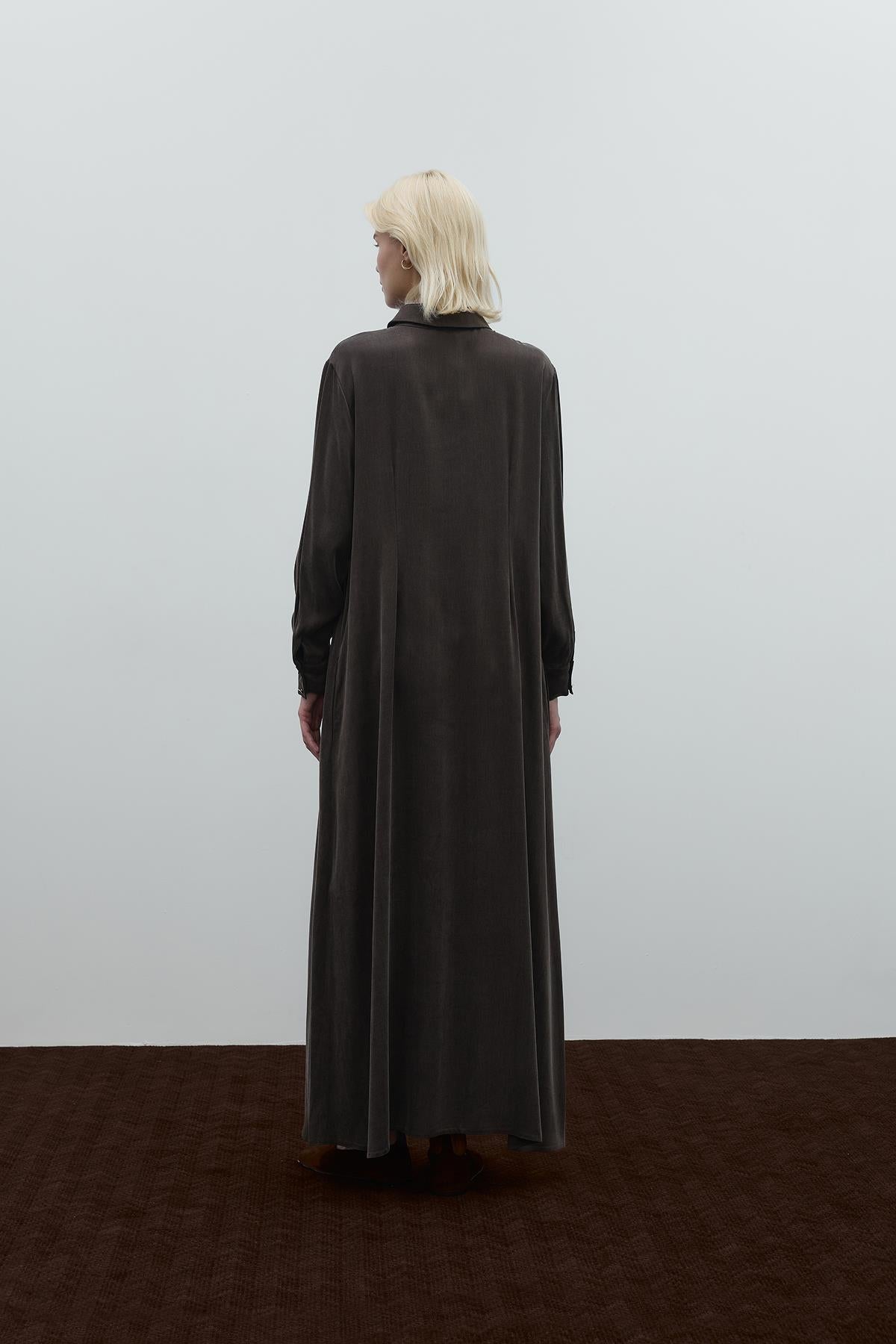 Half Buttoned Waist Drawstring Cupro Long Dress