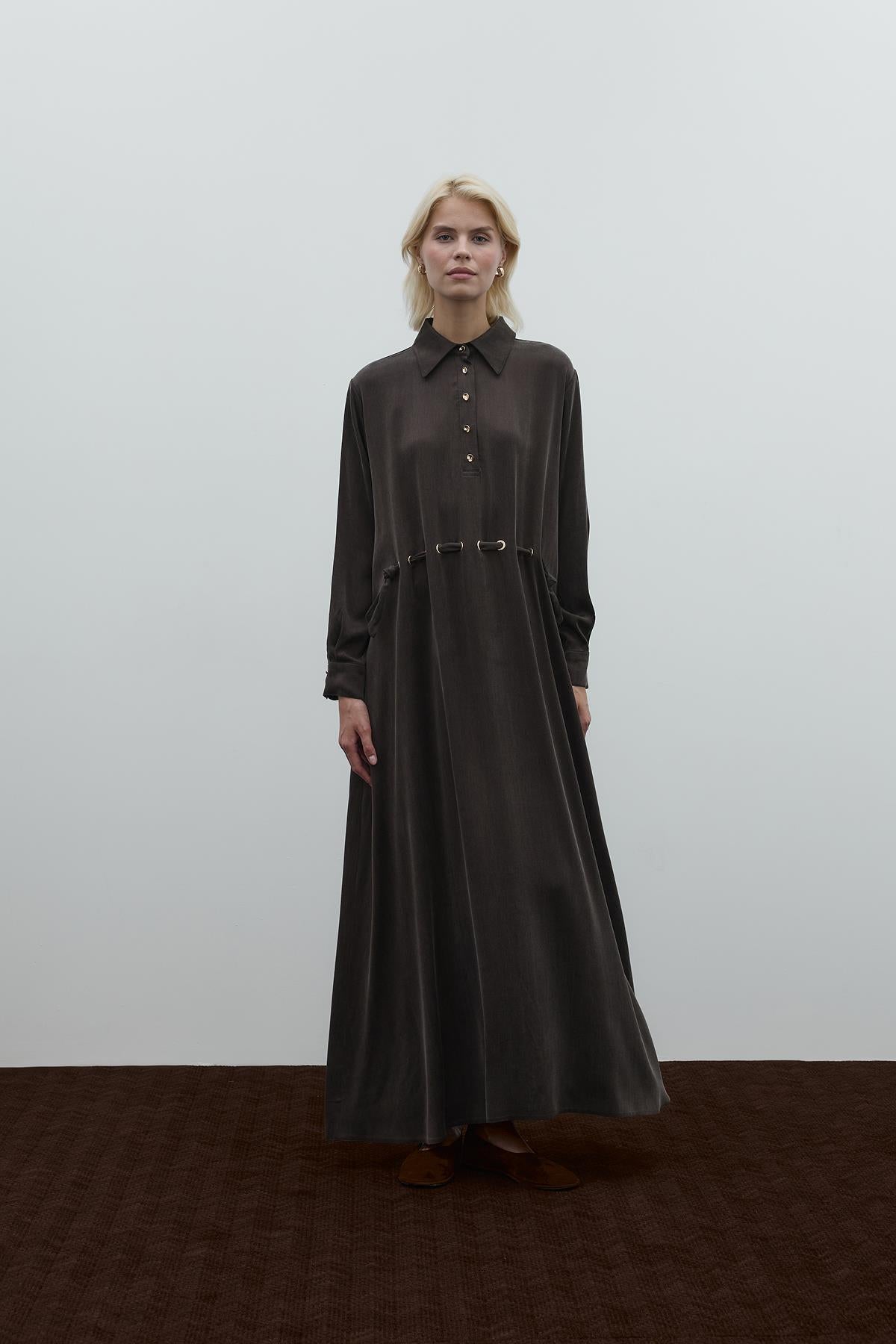 Half Buttoned Waist Drawstring Cupro Long Dress
