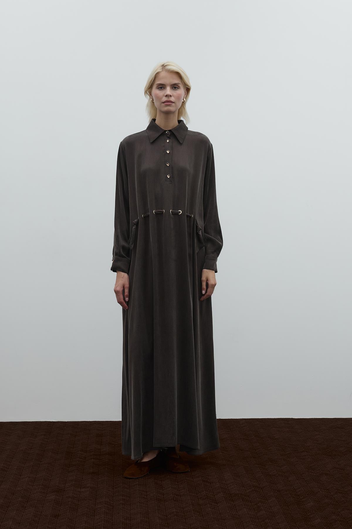 Half Buttoned Waist Drawstring Cupro Long Dress