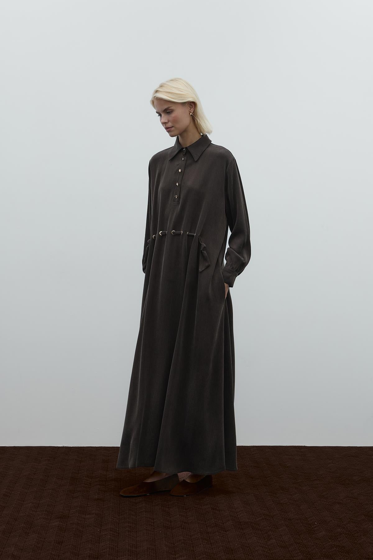 Half Buttoned Waist Drawstring Cupro Long Dress