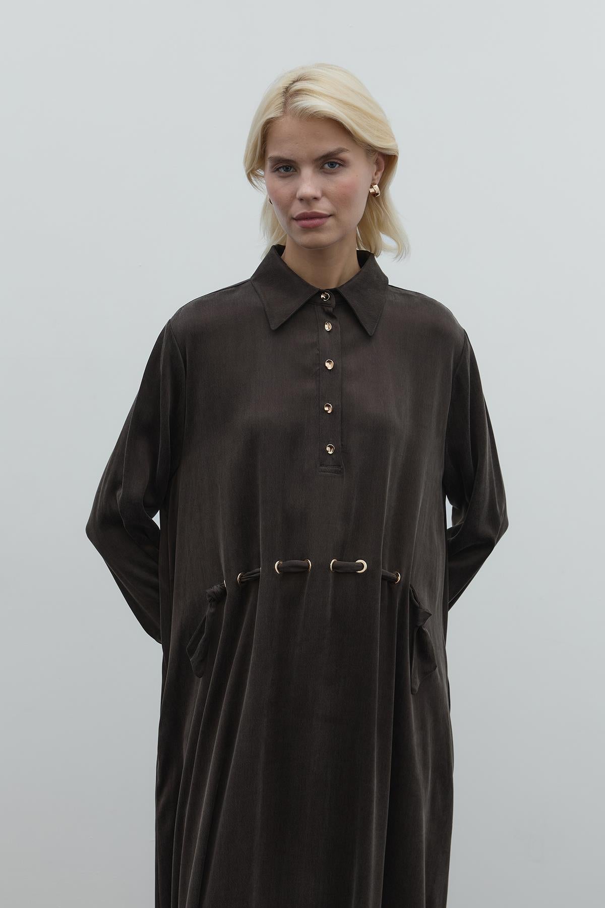 Half Buttoned Waist Drawstring Cupro Long Dress