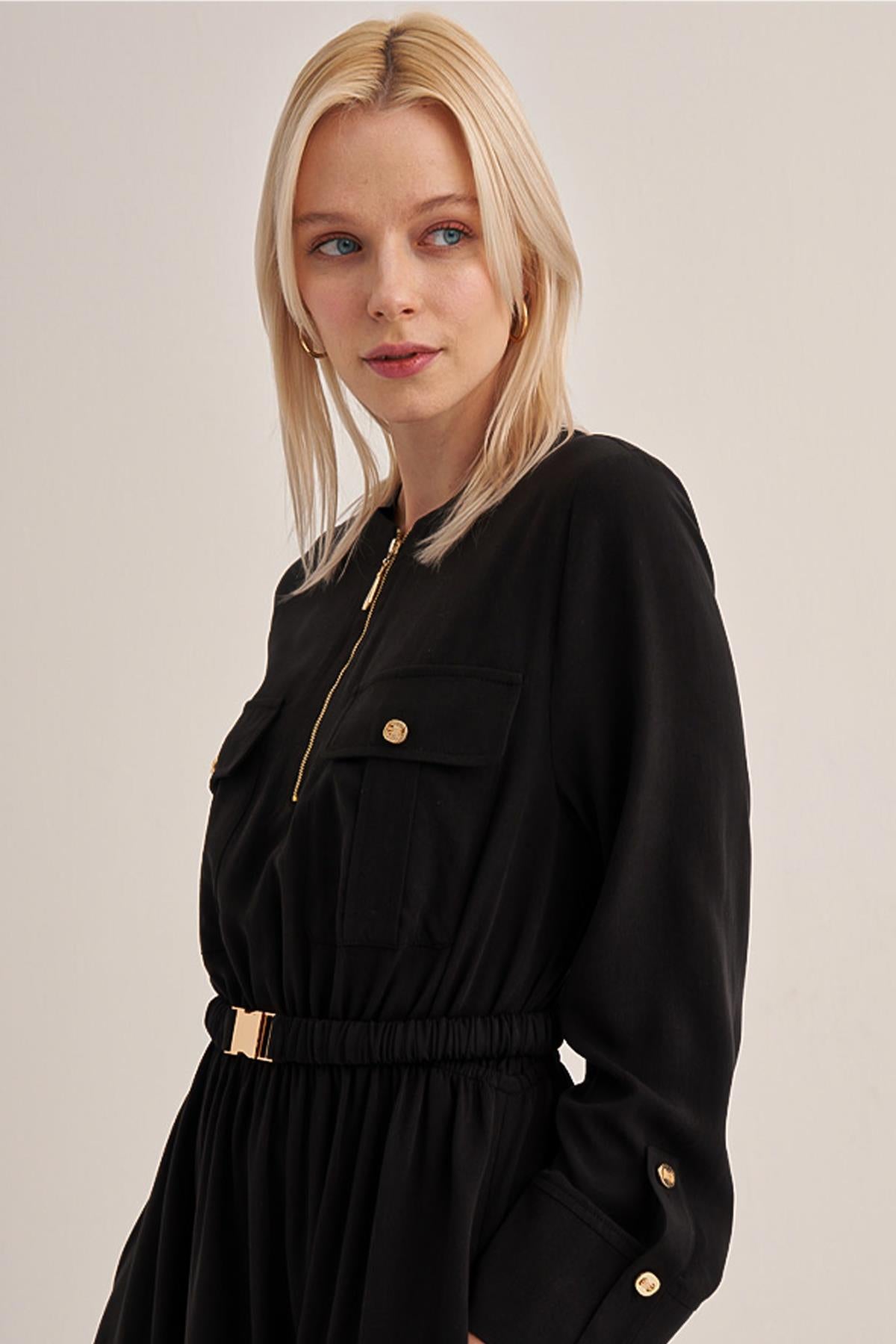 Waist Drawstring Elastic Detail Zipper Collar Dress