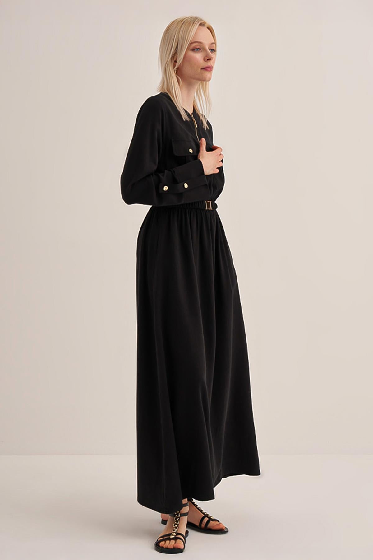 Waist Drawstring Elastic Detail Zipper Collar Dress