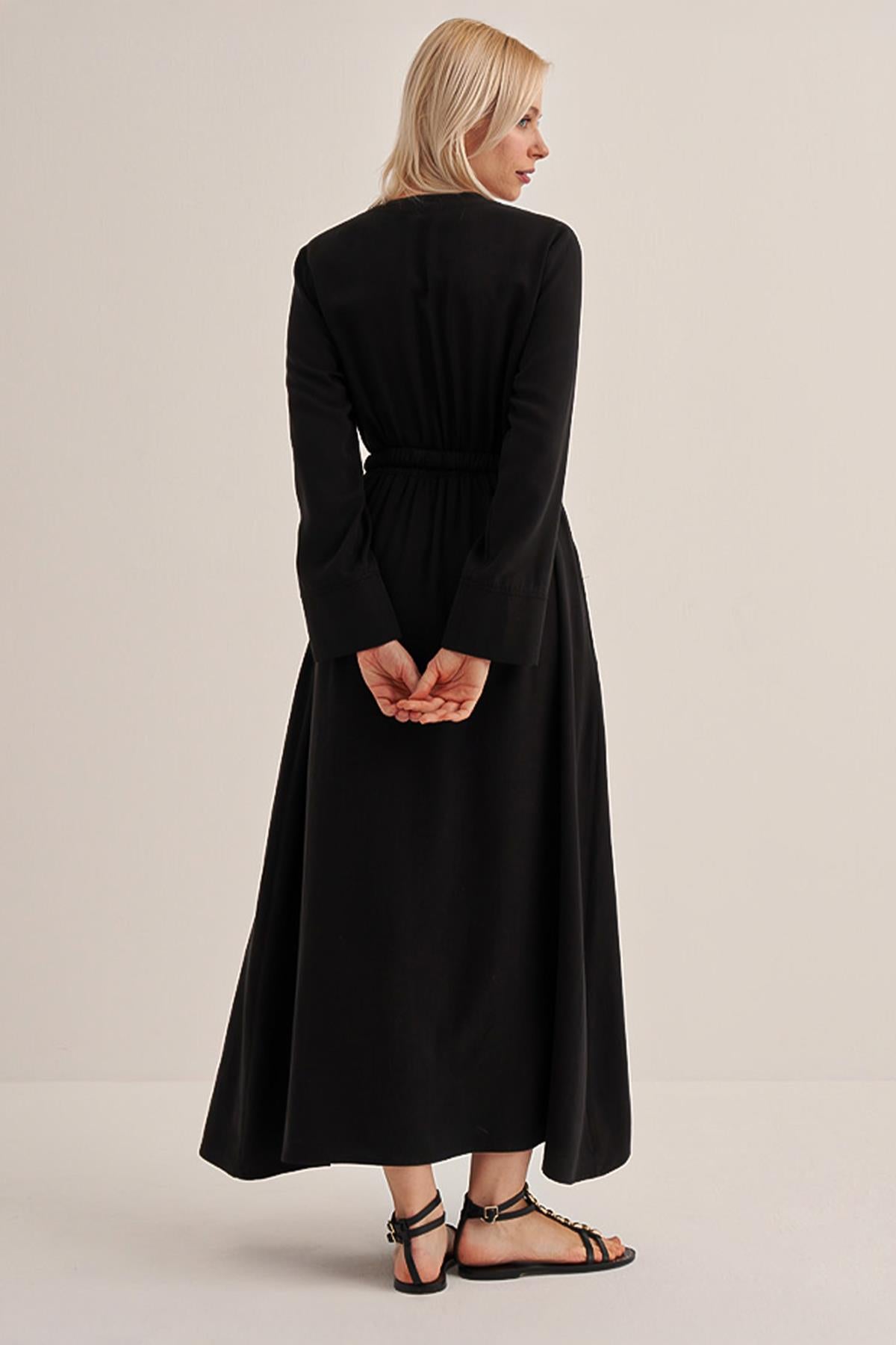 Waist Drawstring Elastic Detail Zipper Collar Dress