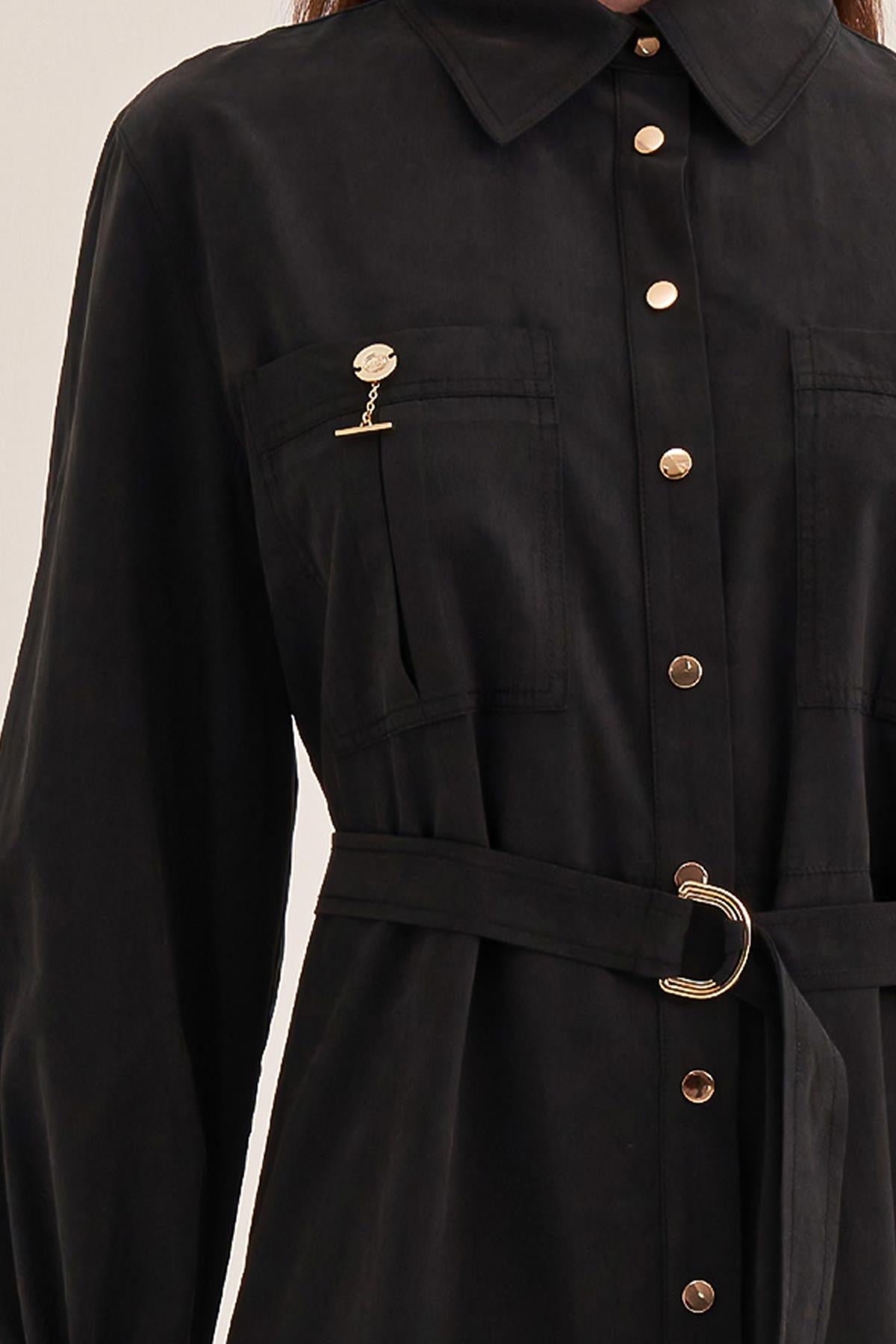 Buttoned Waist Belted Shirt Dress