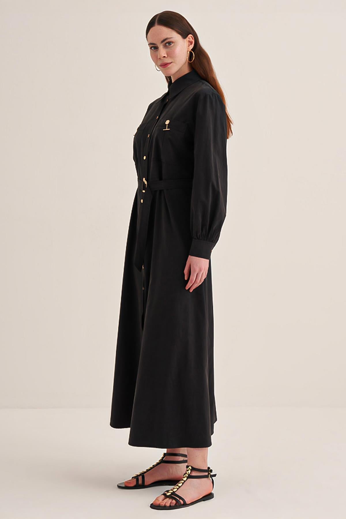 Buttoned Waist Belted Shirt Dress