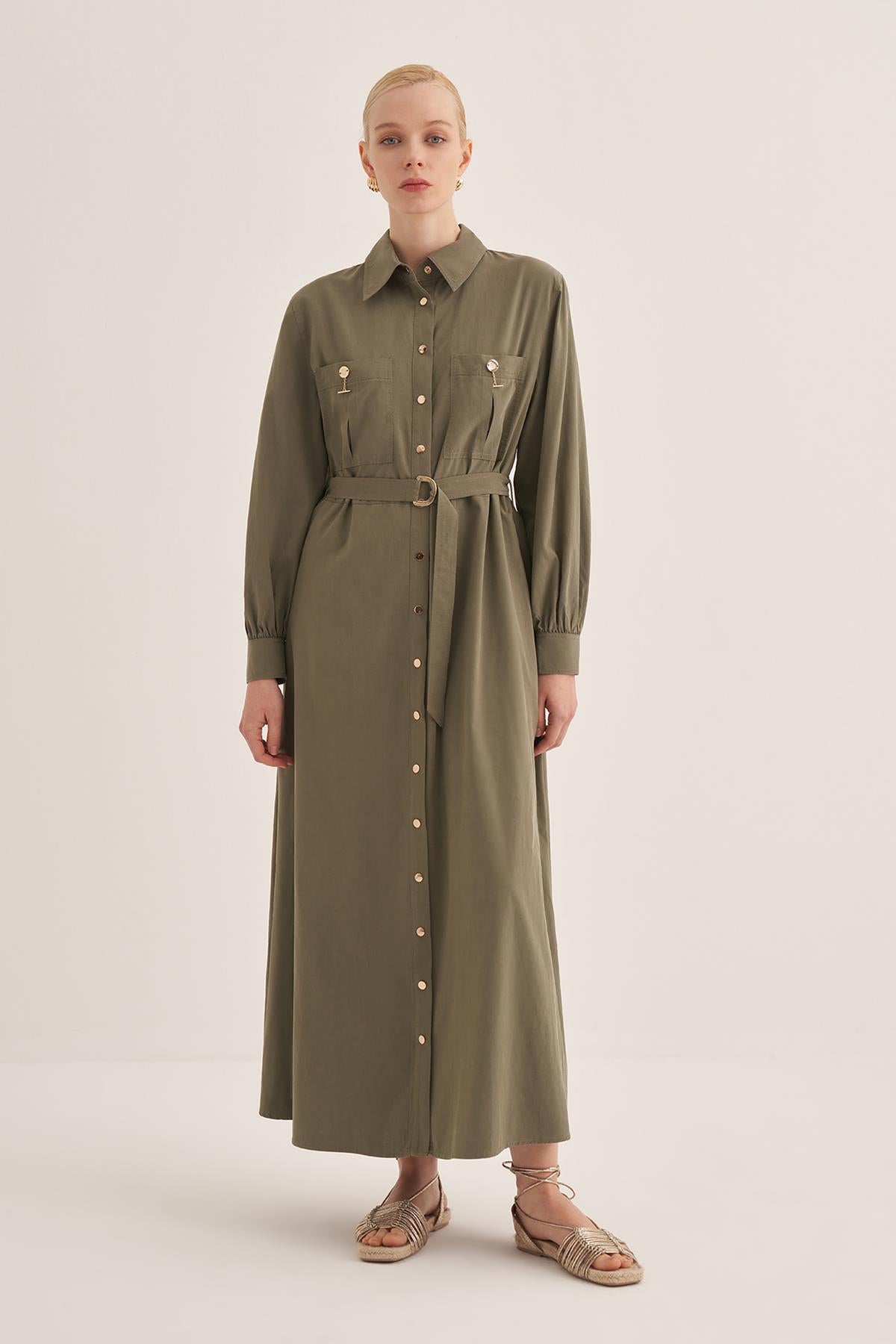 Buttoned Waist Belted Shirt Dress