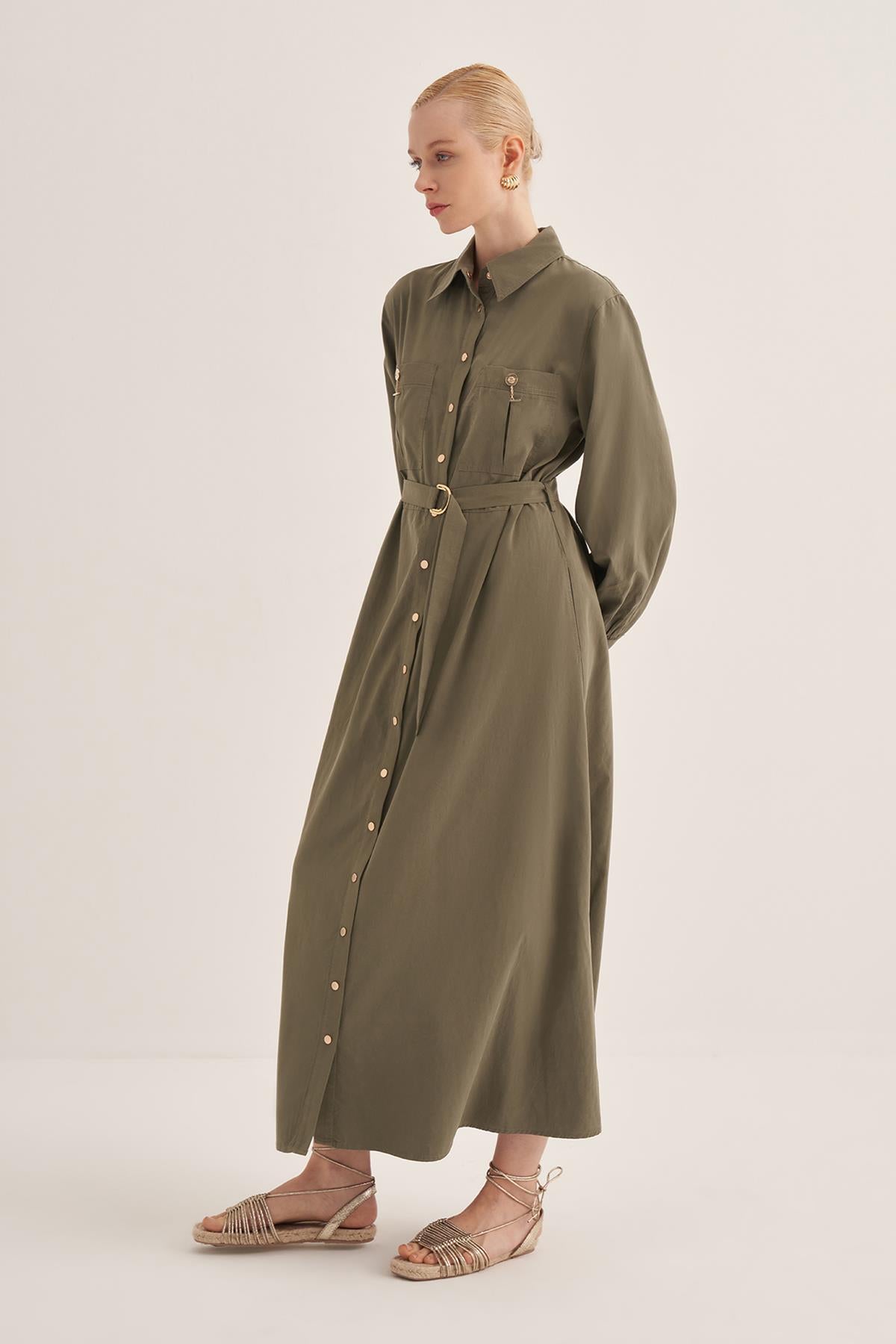 Buttoned Waist Belted Shirt Dress
