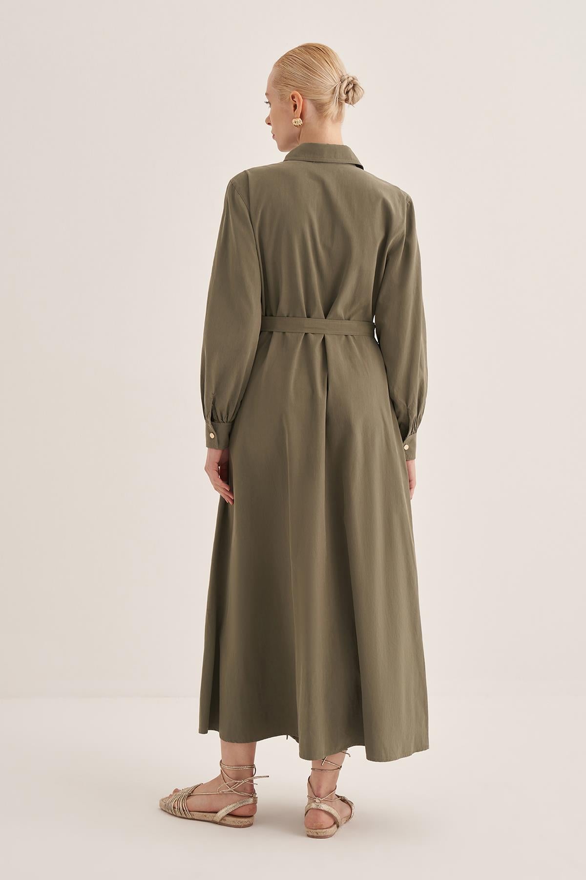 Buttoned Waist Belted Shirt Dress