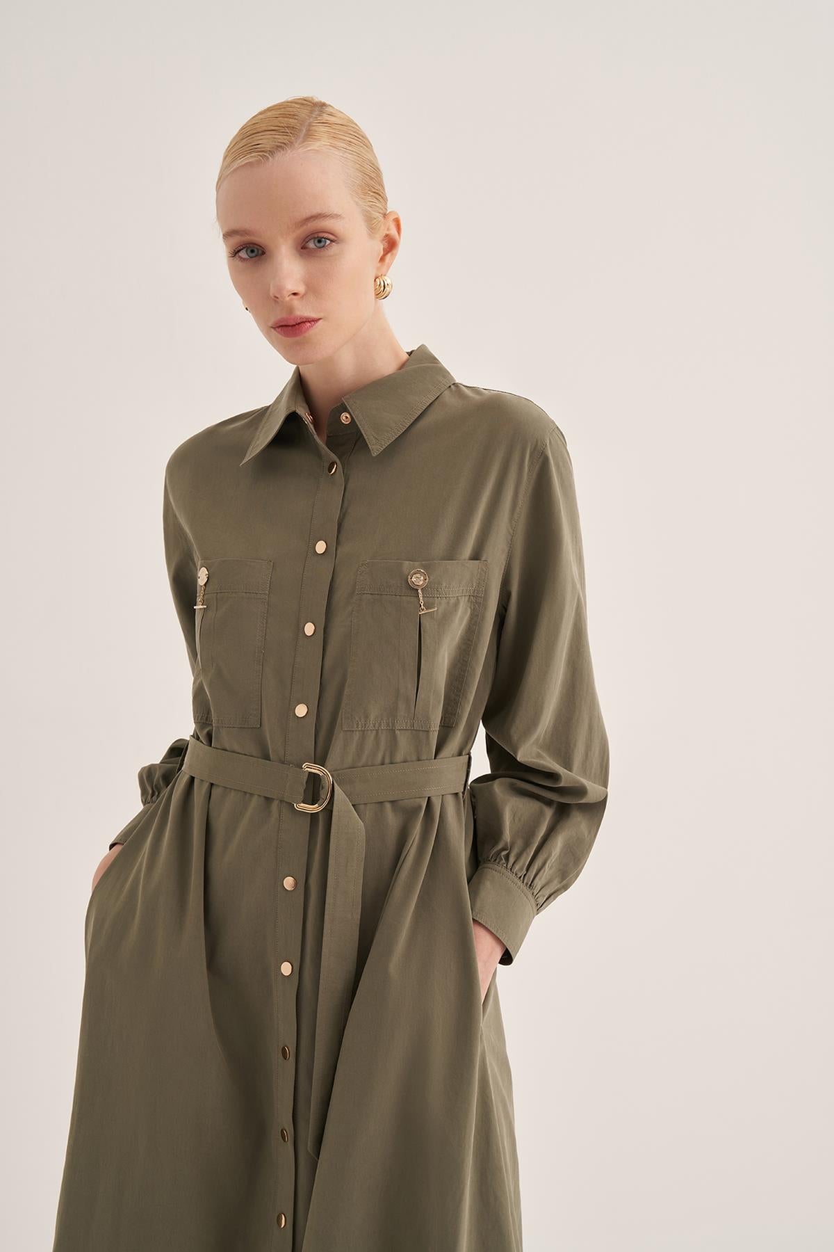 Buttoned Waist Belted Shirt Dress