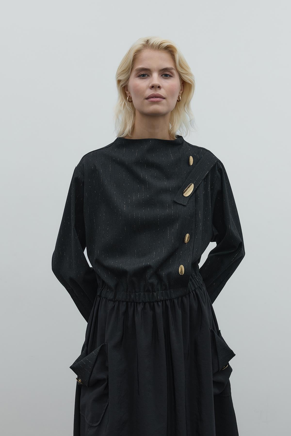 Long Dress with Button Accessory and Pocket Detail