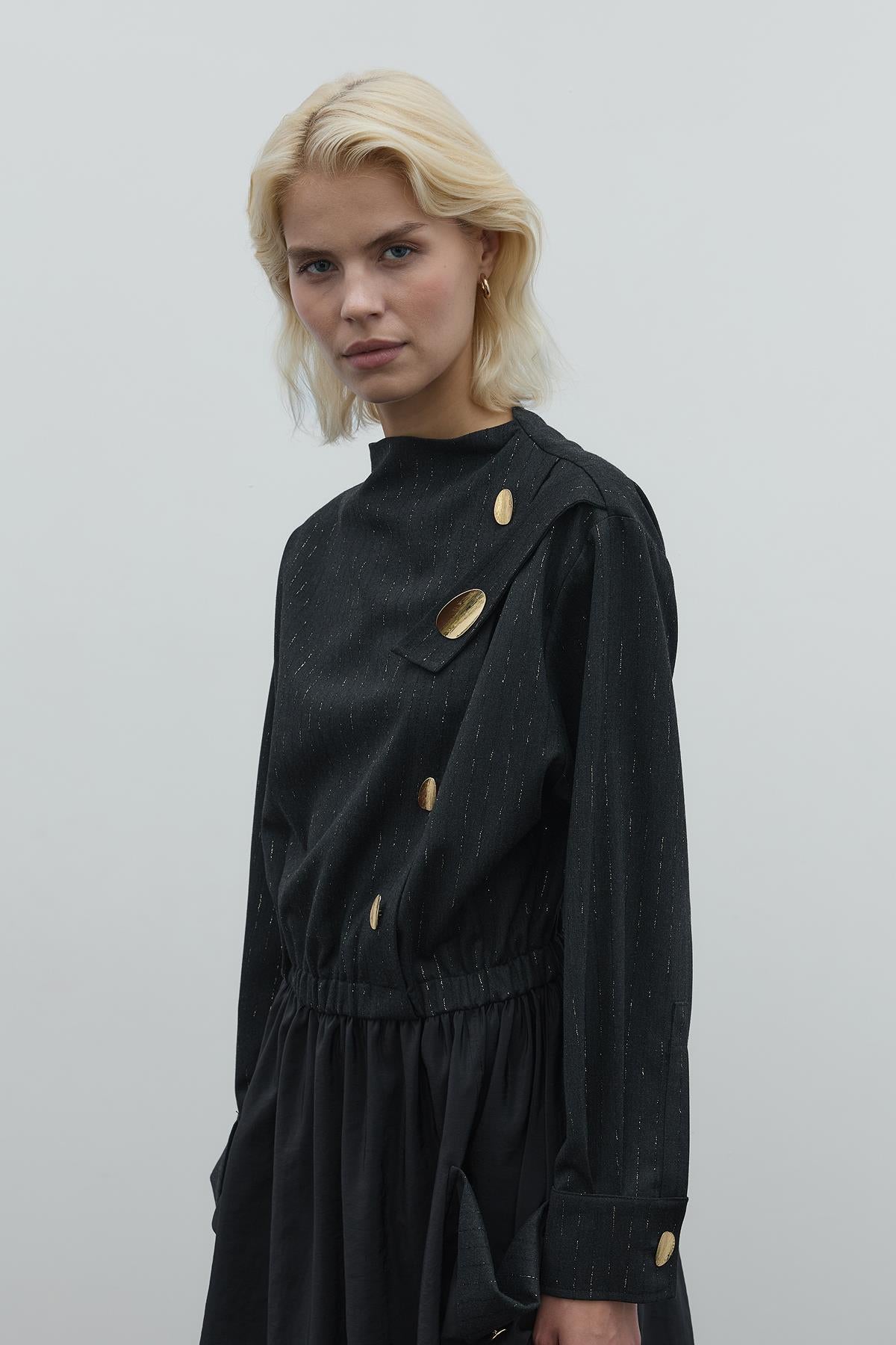 Long Dress with Button Accessory and Pocket Detail