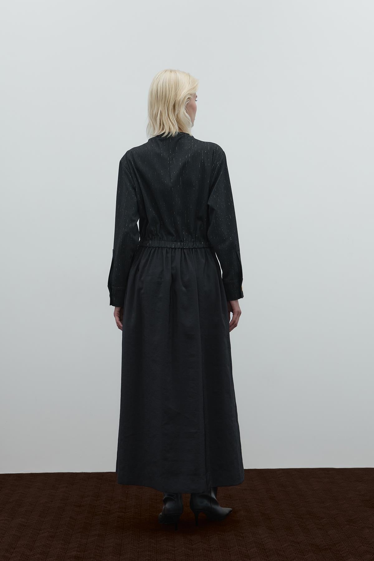 Long Dress with Button Accessory and Pocket Detail