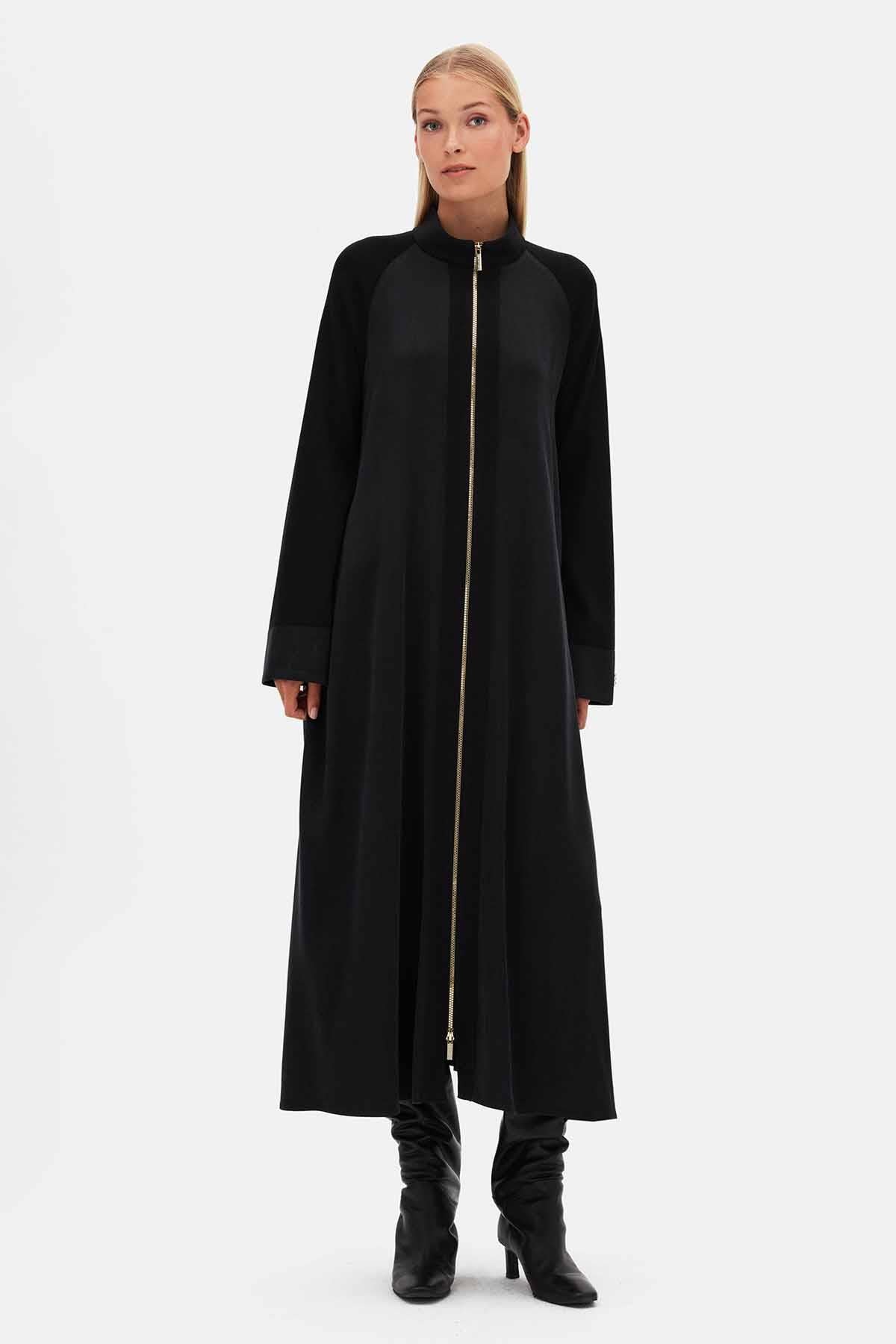 Kollar Triko Ön Fermuarlı Cupro Uzun Ferace