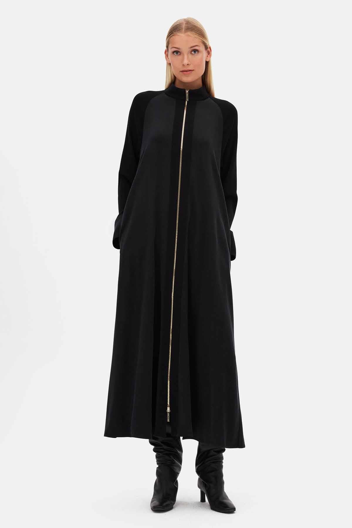 Kollar Triko Ön Fermuarlı Cupro Uzun Ferace