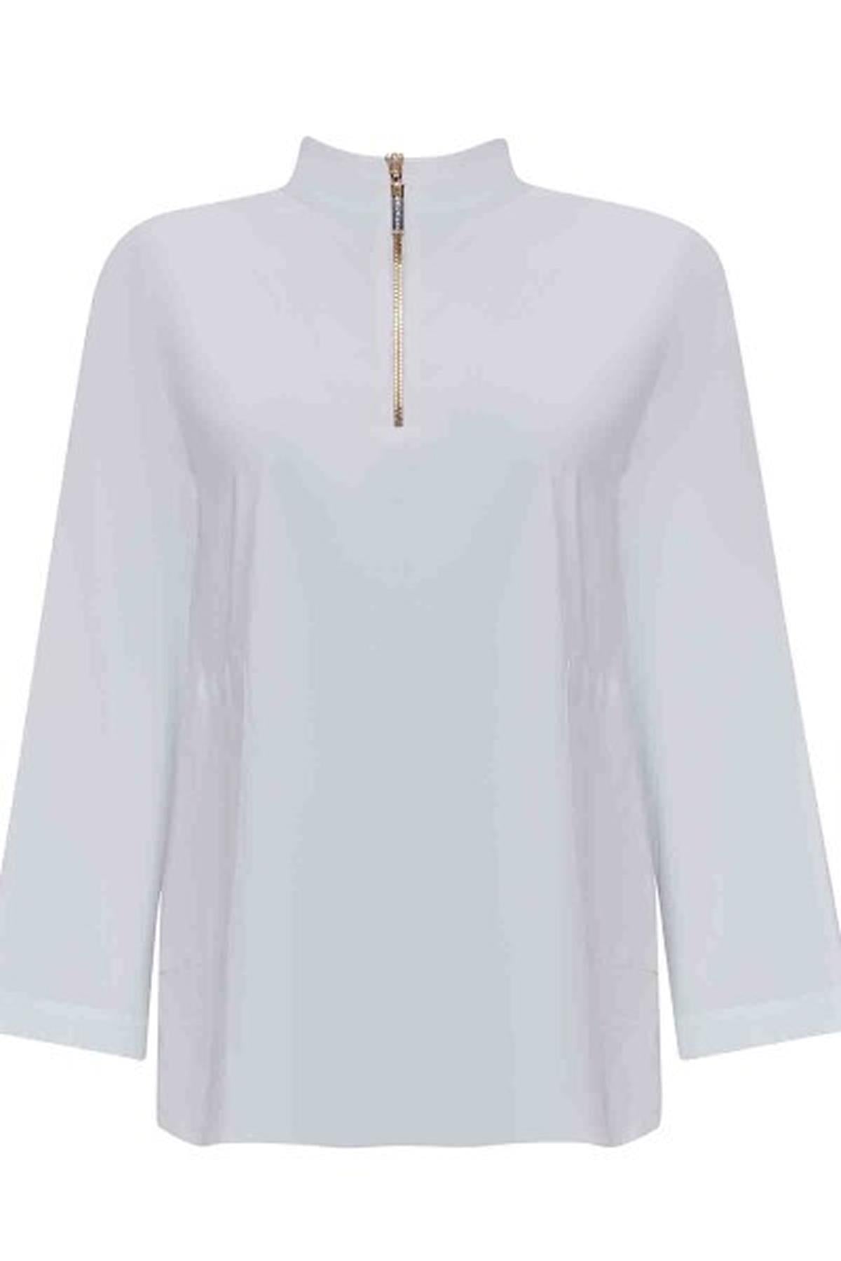 Fermuar Detaylı Dik Yaka Poplin Gömlek