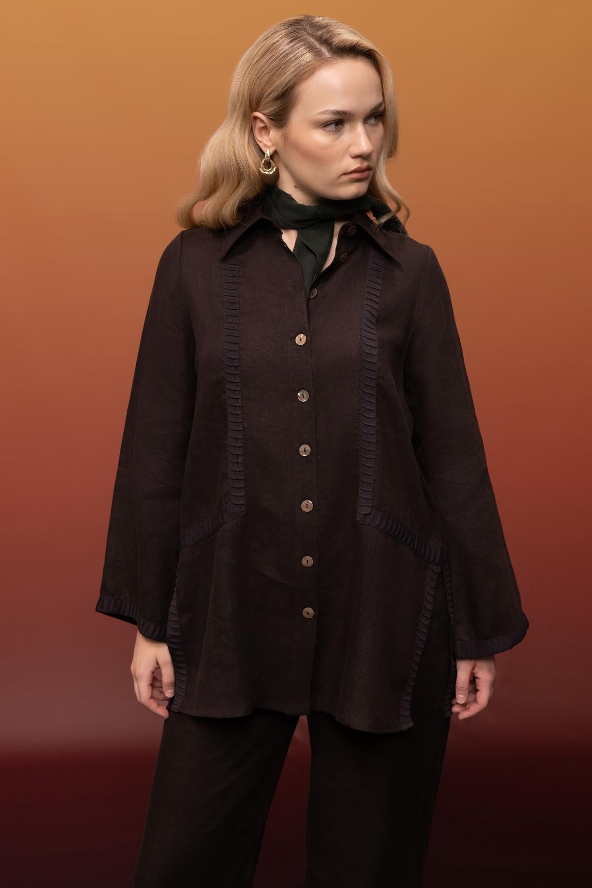 Slit Detailed Shirt Collar Linen Tunic