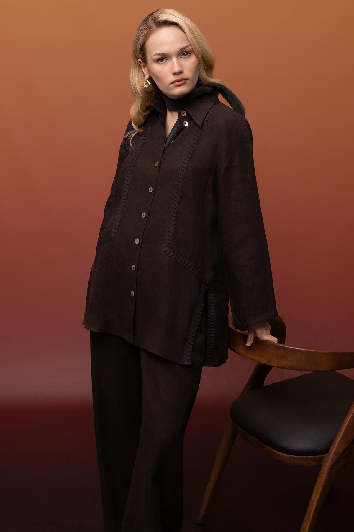 Slit Detailed Shirt Collar Linen Tunic