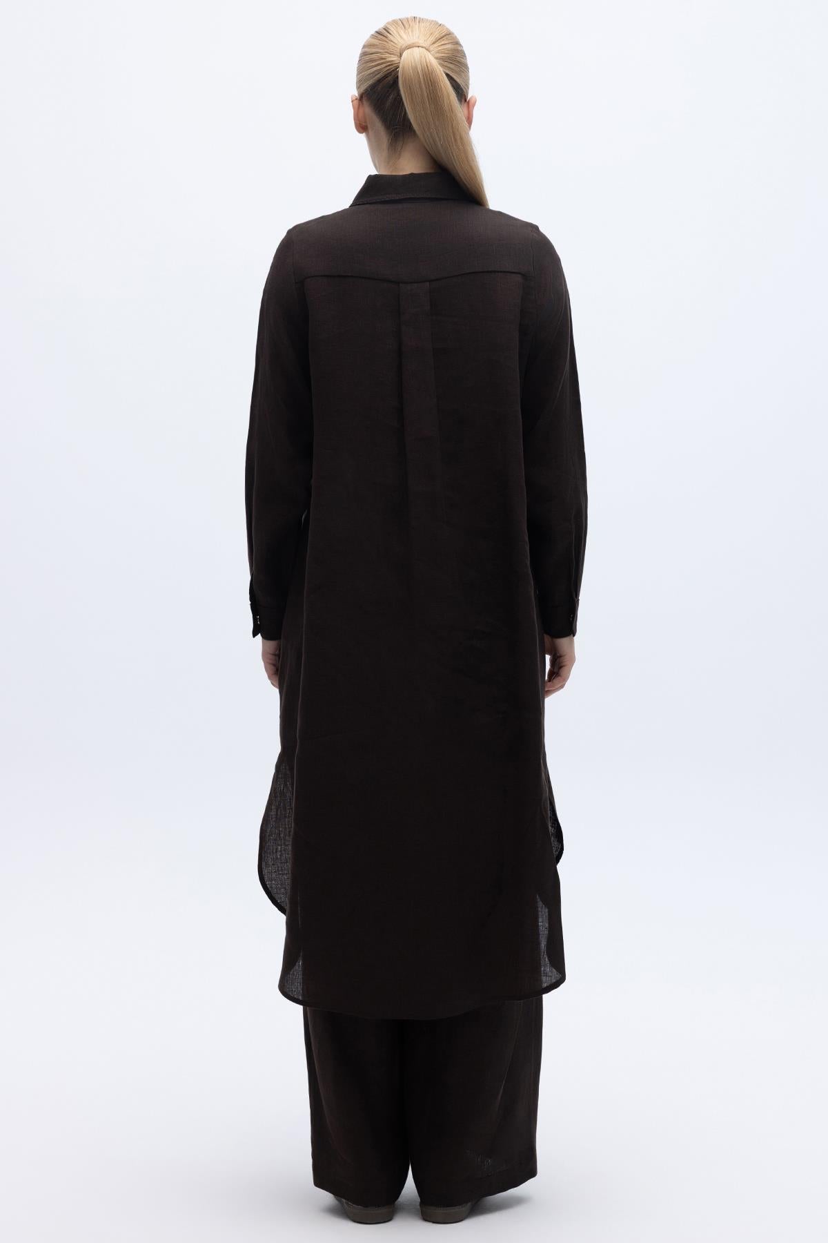 Minimal Nakışlı Uzun Keten Tunik