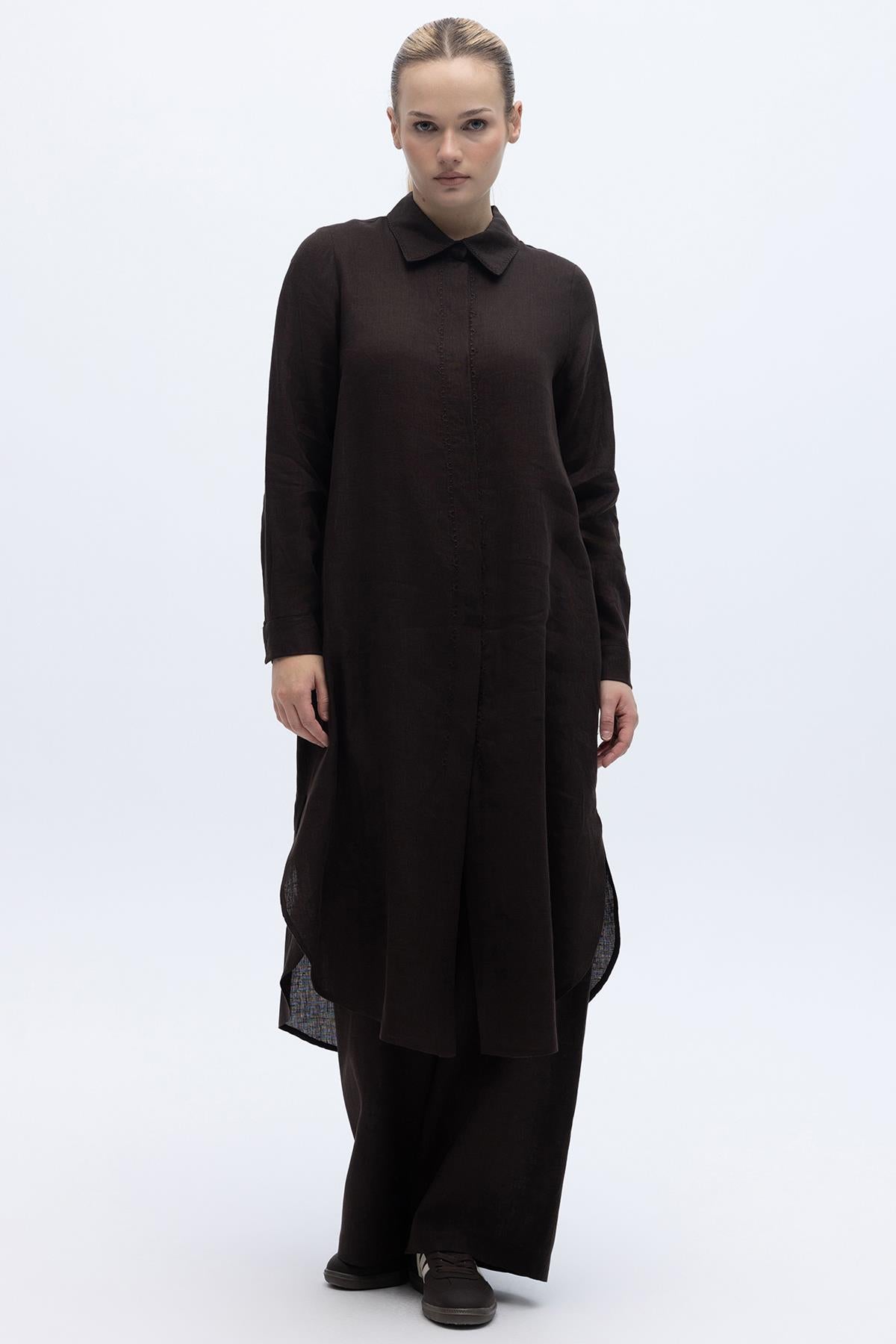 Minimal Nakışlı Uzun Keten Tunik
