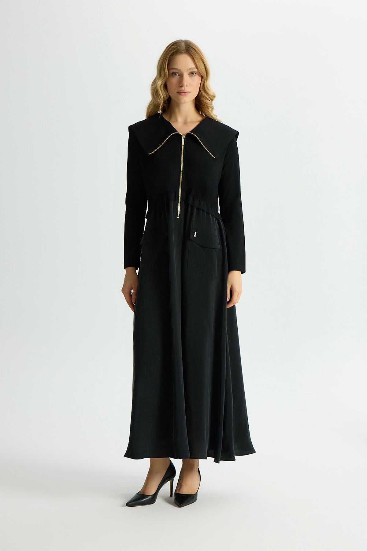 Fermuar Detaylı Yüksek Yakalı Cupro Elbise