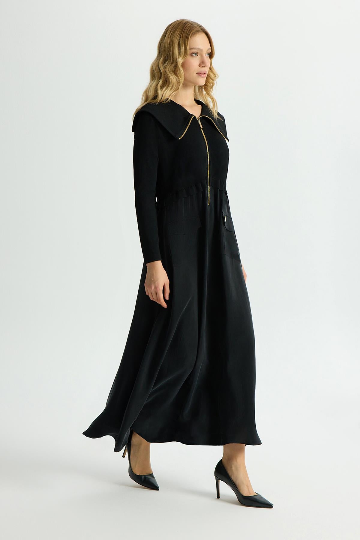 Fermuar Detaylı Yüksek Yakalı Cupro Elbise