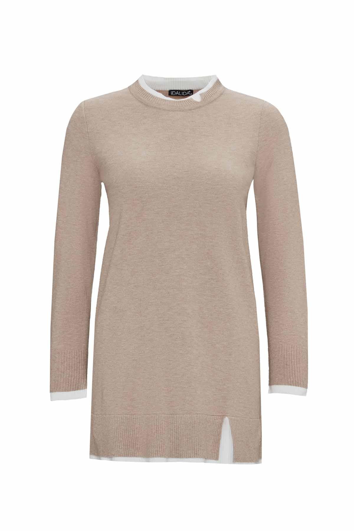 Uzun Kollu Yırtmaç Detaylı Triko Tunik