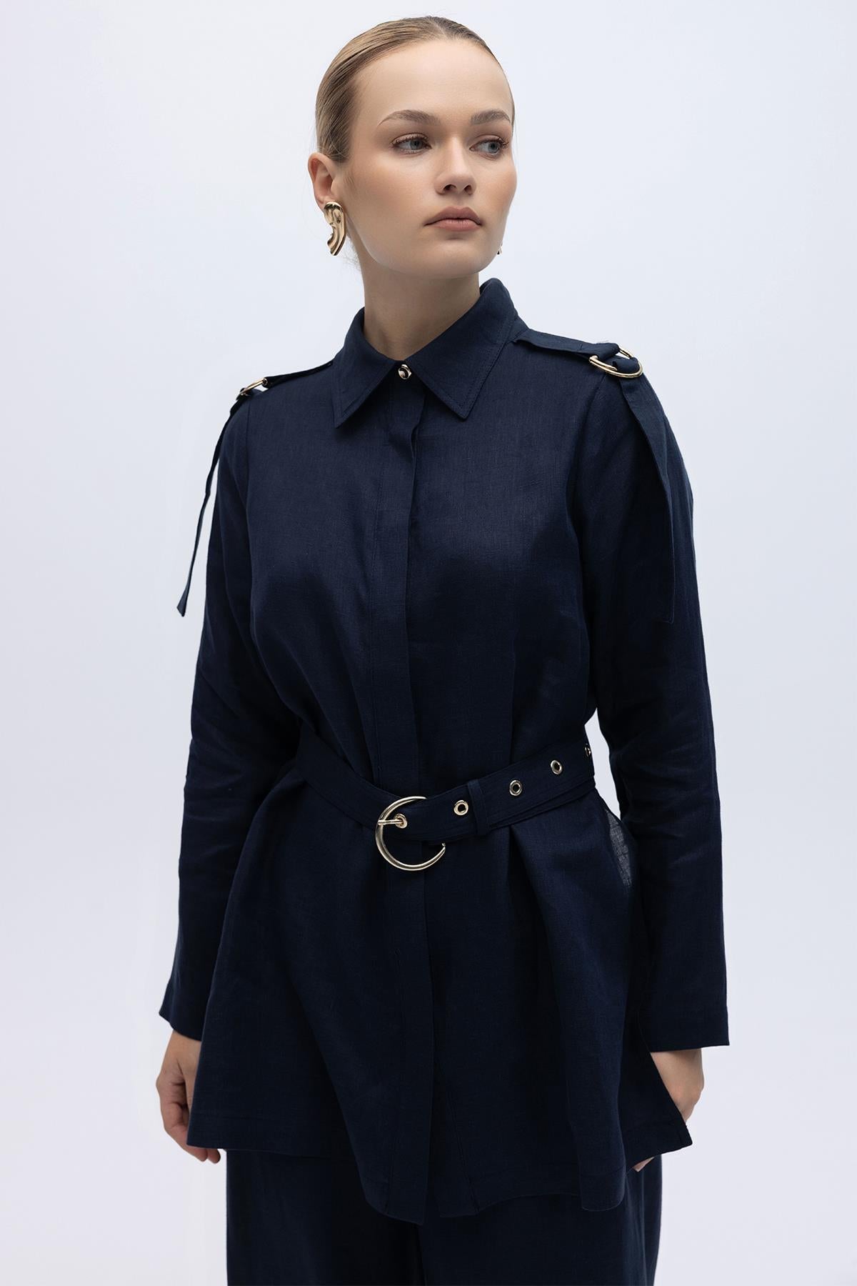 Linen Tunic with Concealed Button Shoulder Detail