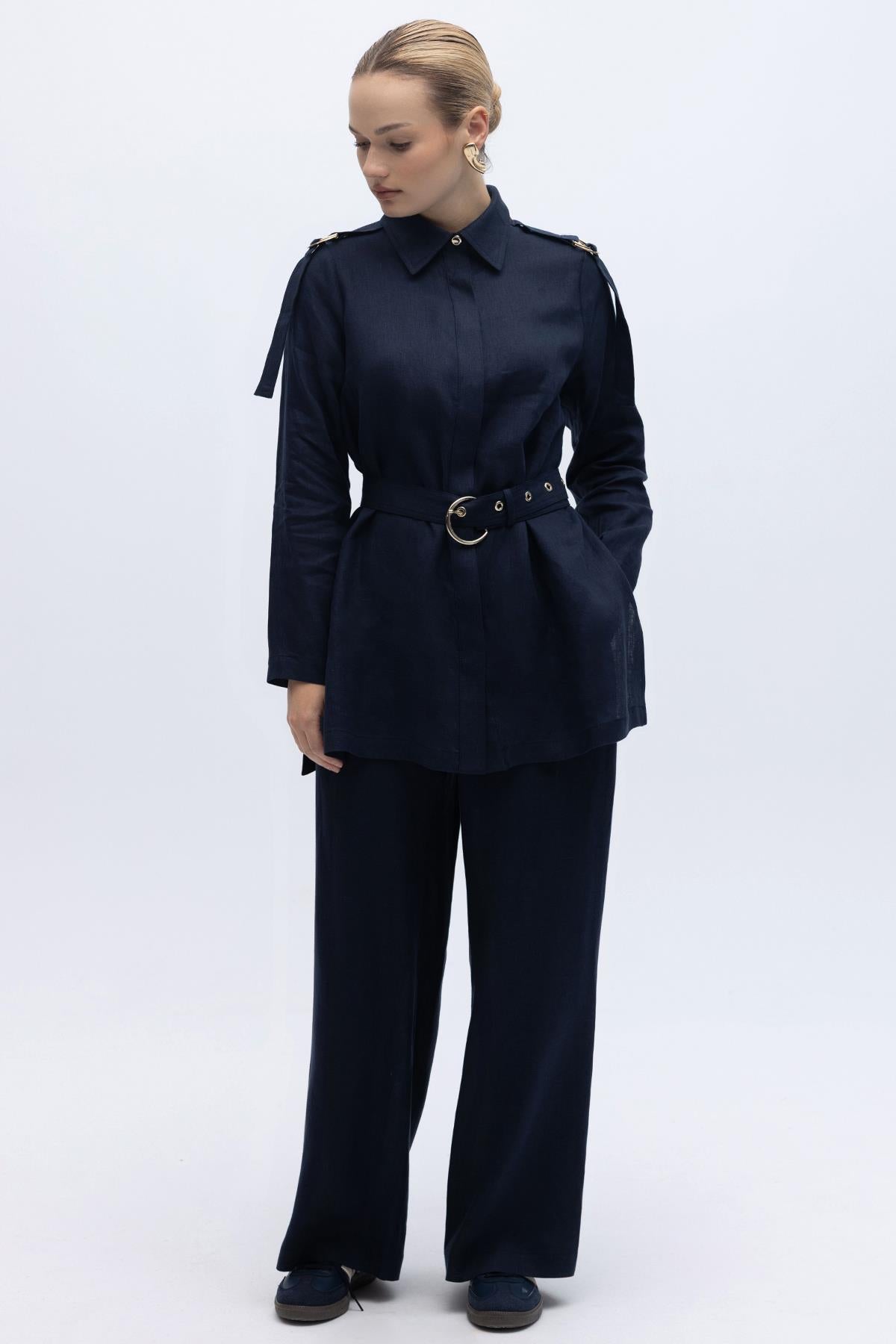 Linen Tunic with Concealed Button Shoulder Detail