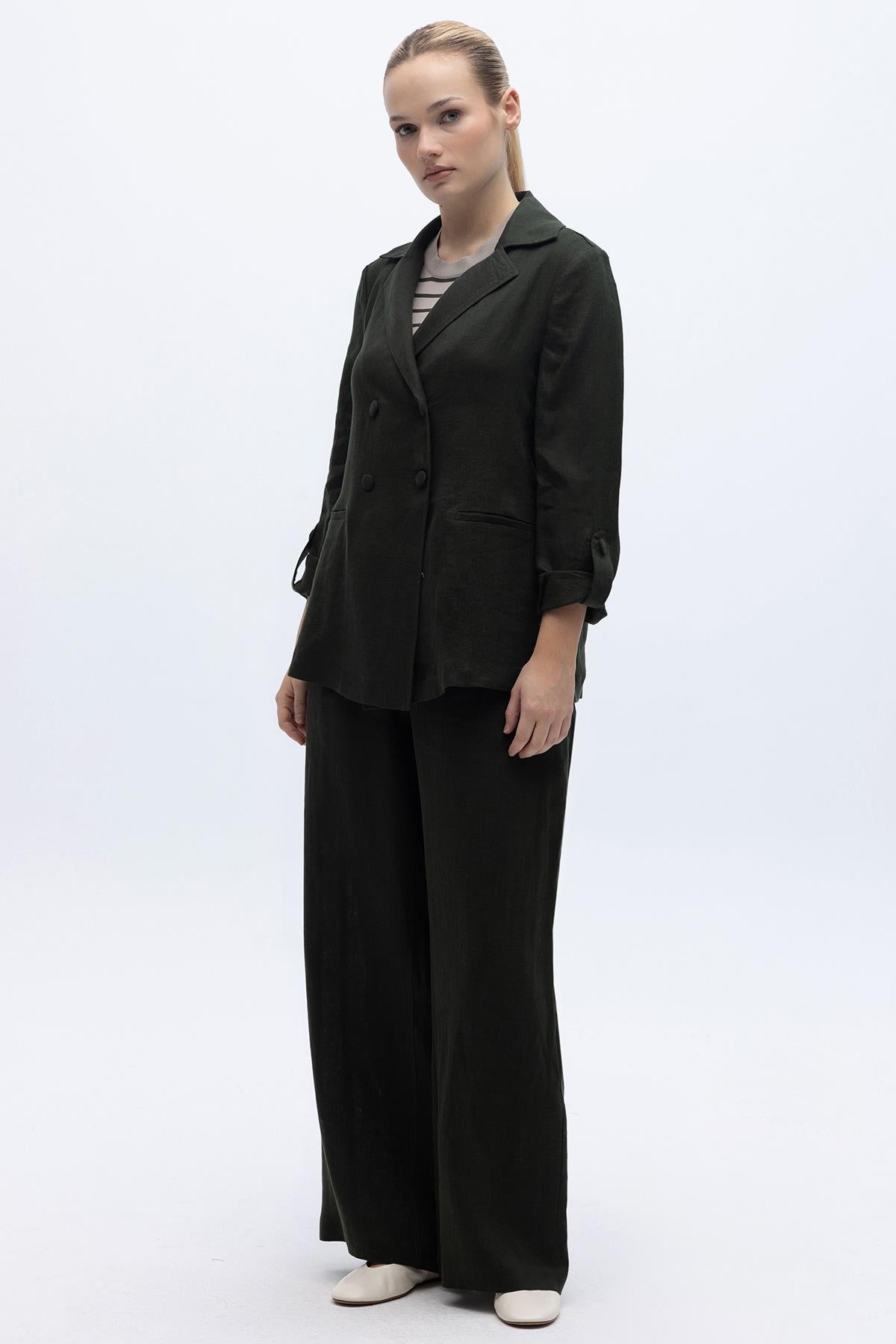 Beli Lastikli Bol Paça Keten Pantolon