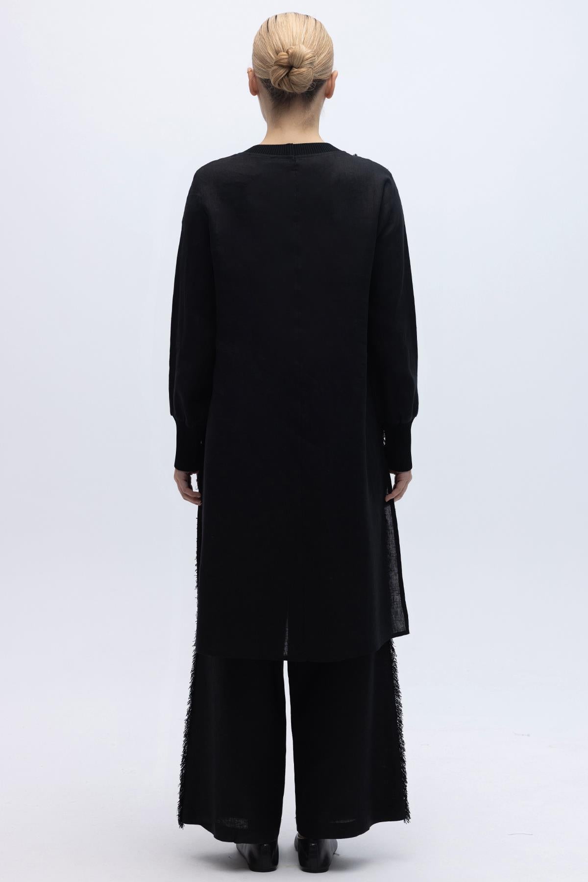 Wide-Leg Linen Trousers with Fringed Sides