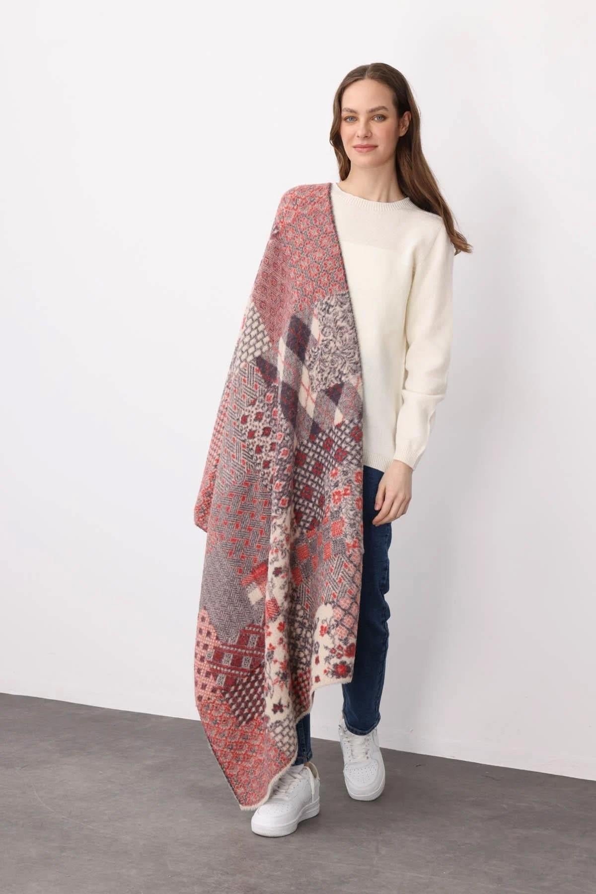 Kırk Yama Desenli Sakallı İp Büyük Şal