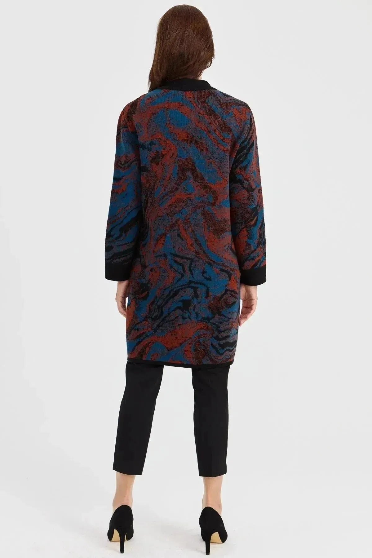 Women's Stand Collar Colorful Wave Patterned Long Wool Coat 
