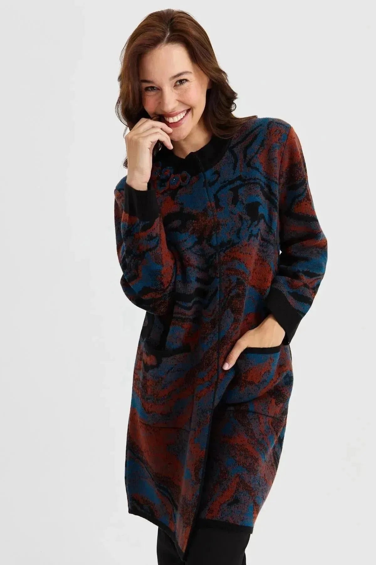 Women's Stand Collar Colorful Wave Patterned Long Wool Coat 