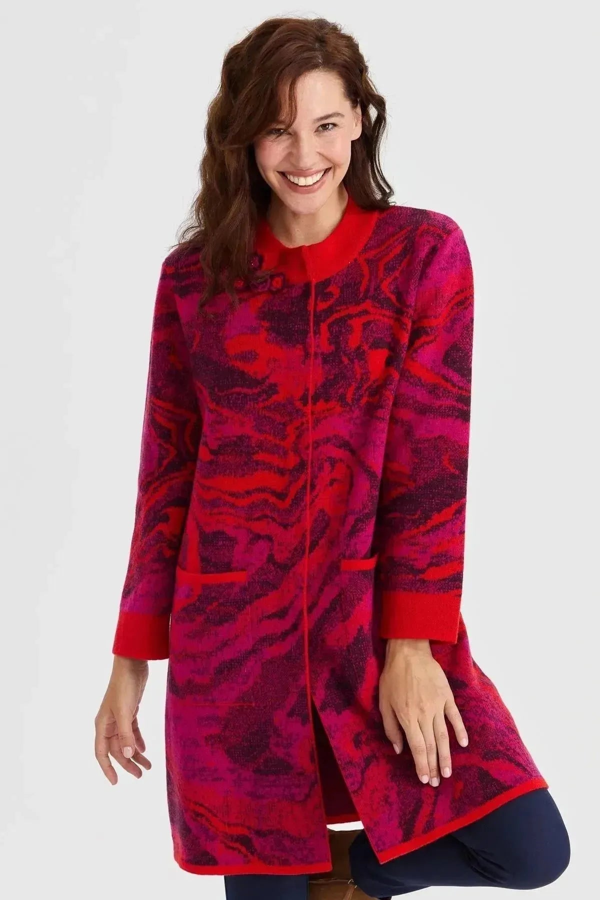 Women's Stand Collar Colorful Wave Patterned Long Wool Coat 